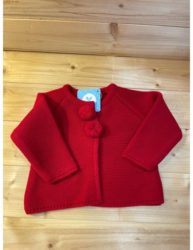 Cardigan rosso con pon pon