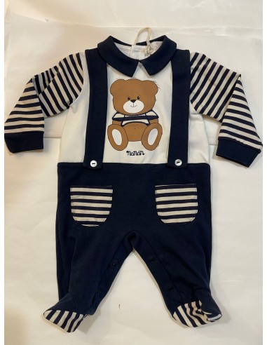Tutina in cotone righe blu  con orsetto