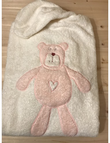 Poncho in spugna panna con orso rosa